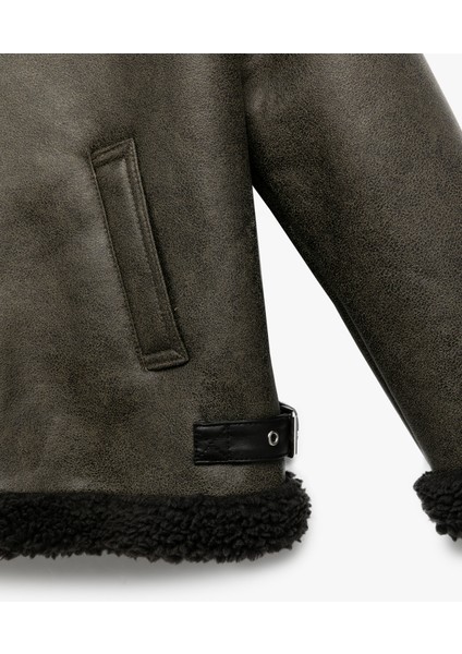 Peluş Detaylı Gömlek Yaka Uzun Kollu Oversize Biker Ceket modelleri