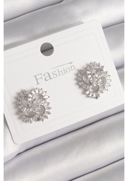 Pirinç Gümüş Renk Zirkon Taşlı Yonca Model Kadın Küpe - Lisinya