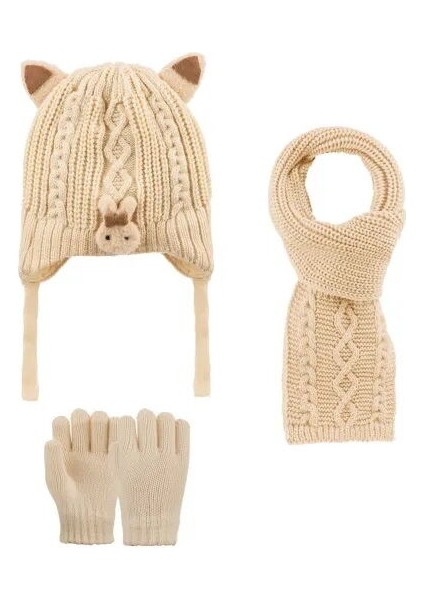 2516001 Kız Çocuk 1-4 Yaş Atkı-Bere-Eldiven 3'lü Set