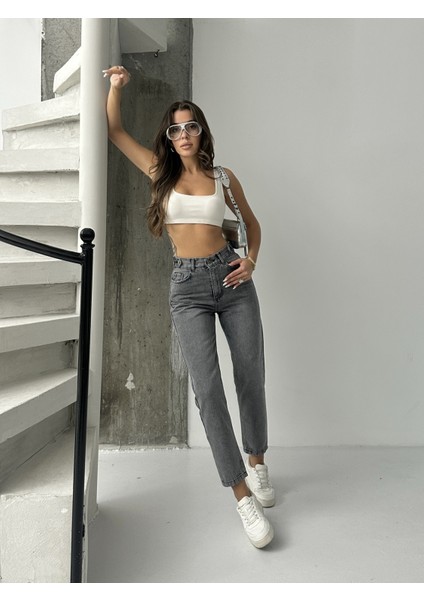 Kadın Kemer Apoletli Mom Jeans