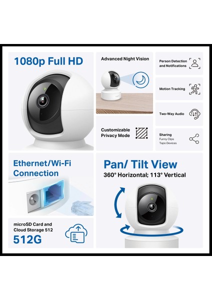 Tp-Lınk Tapo C202, Bebek/ev Güvenlik Kamerası, Wifi-Ehernet, 1080P, 12MT Gece Görüşü, Pan/tılt, Iki Yönlü Ses modelleri