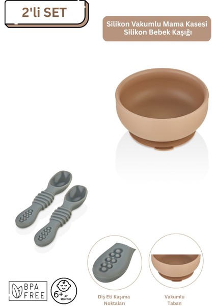 2'li Silikon Bebek Beslenme Seti / Mama Kasesi / Mama Kaşığı - Moka