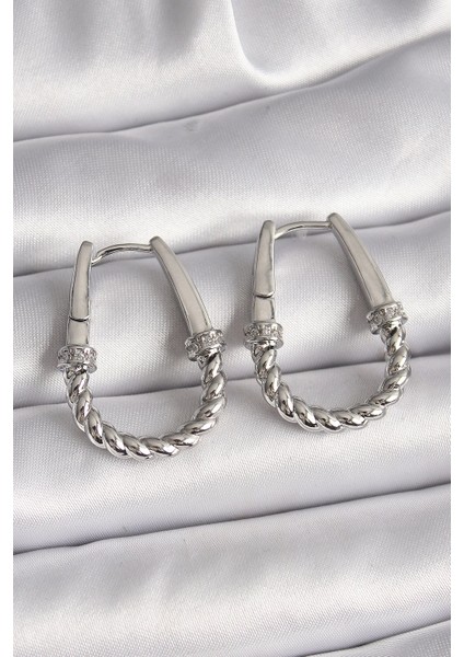 Bfs 316L Çelik Gümüş Renk Zirkon Taş Detaylı Burma Halka Model Kadın Küpe