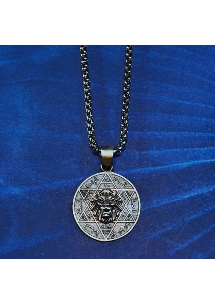 Aslan Figürlü Hz.süleyman Mührü El Işçiliği 925 Ayar Gümüş Erkek Kolye