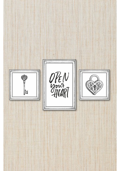 Open Your Heart 3’lü Çerçeveli Gravür Tablo Seti – Aşk Anahtarı, Kalp Kilit ve Yazı Tasarımı