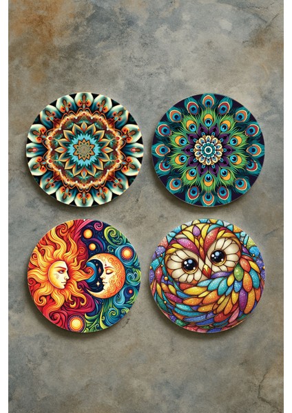 Ev Dekor Oval Pleksi Bardak Altlığı Temalı Desenli 4'lü Set Mandala
