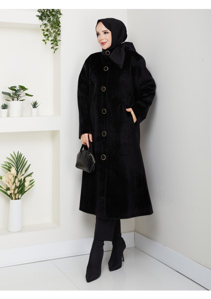 Kadın Düğmeli Fiyonk Modelli Foks Kumaş Şık Kaşe Kaban