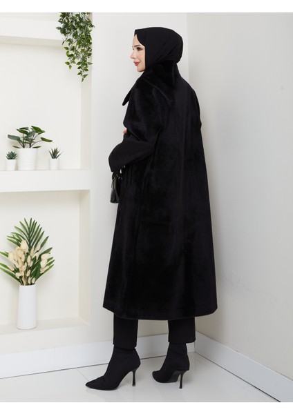 Kadın Düğmeli Fiyonk Modelli Foks Kumaş Şık Kaşe Kaban