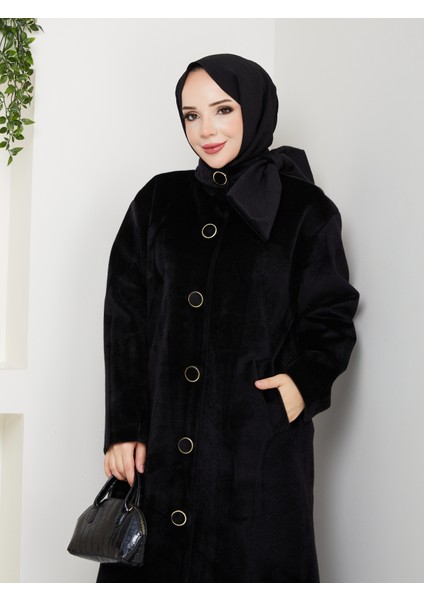 Kadın Düğmeli Fiyonk Modelli Foks Kumaş Şık Kaşe Kaban