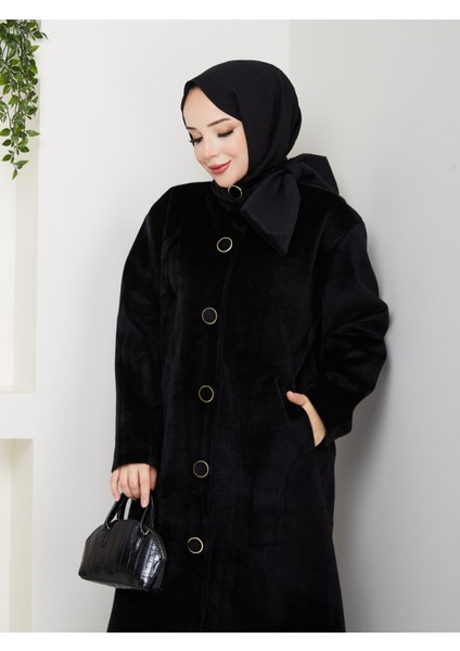 Kadın Düğmeli Fiyonk Modelli Foks Kumaş Şık Kaşe Kaban