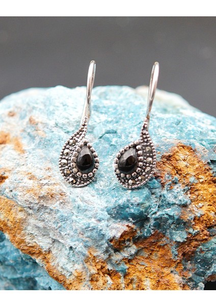 925 Ayar Gümüş Oltu Taşı Kadın Küpe SKÜ00045