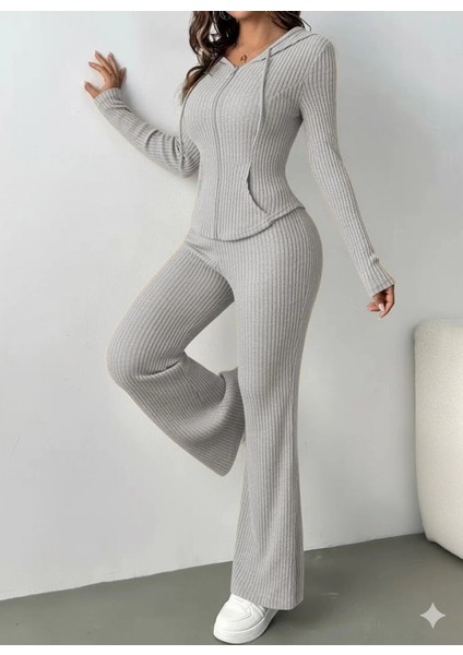 Mdb Kadın Uzun Kollu Kapşonlu Önden Fermuarlı Kaşkorse Bluz ve Pantolon Ikili Takım