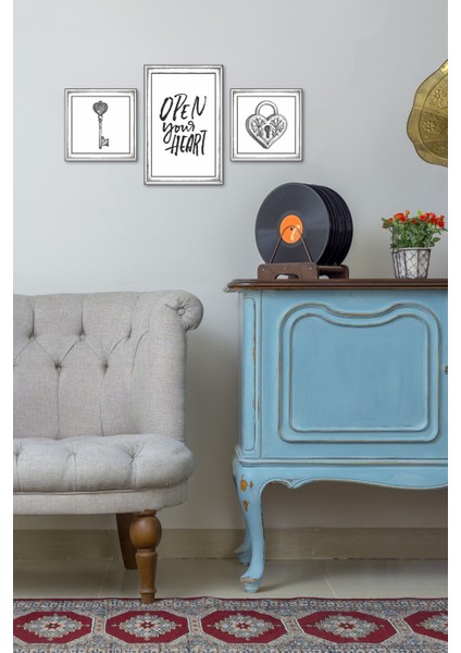 Open Your Heart 3’lü Çerçeveli Gravür Tablo Seti – Aşk Anahtarı, Kalp Kilit ve Yazı Tasarımı modelleri