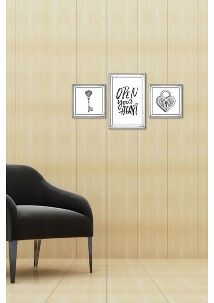 Open Your Heart 3’lü Çerçeveli Gravür Tablo Seti – Aşk Anahtarı, Kalp Kilit ve Yazı Tasarımı indirimleri