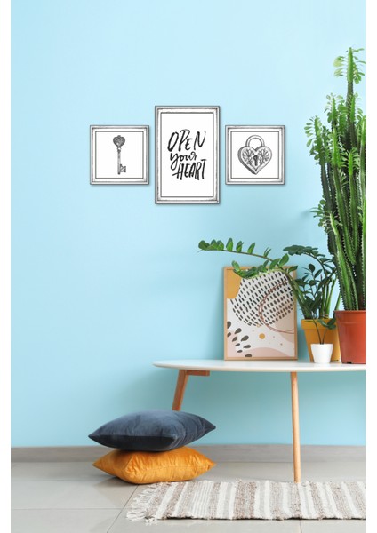 Open Your Heart 3’lü Çerçeveli Gravür Tablo Seti – Aşk Anahtarı, Kalp Kilit ve Yazı Tasarımı