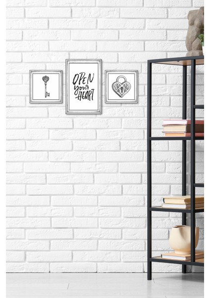 Open Your Heart 3’lü Çerçeveli Gravür Tablo Seti – Aşk Anahtarı, Kalp Kilit ve Yazı Tasarımı