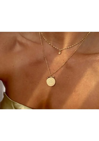 Hera Kombin Çift Zincir Paslanmaz Çelik Para Kolye