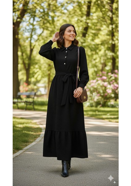 Kadın Taş Düğmeli Jakarlı Tesettür Elbise | Şık & Zarif Gömlek Yaka Tesettür Elbise