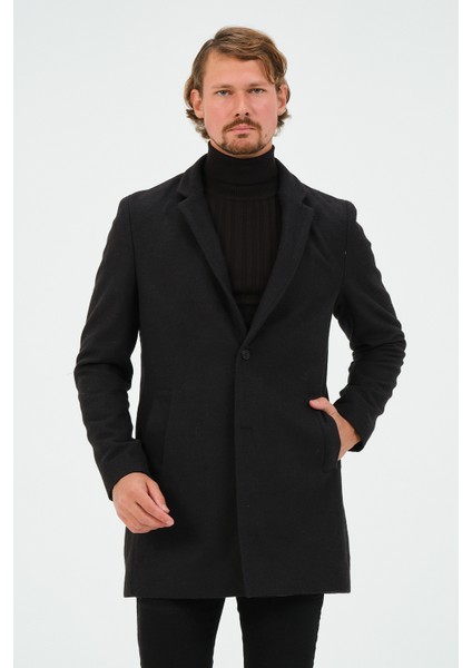 Erkek Dar Kalıp Slim Fit Siyah Kaşe Kaban, Mont