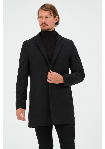 Erkek Dar Kalıp Slim Fit Siyah Kaşe Kaban, Mont
