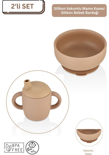 2'li Silikon Bebek Beslenme Seti / Mama Kasesi / Bebek Bardağı - Moka