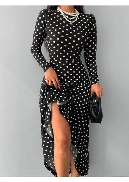 Kadın Siyah Uzun Kollu Yuvarlak Yaka Beyaz Puantiyeli Çan Modeli Kloş Kesim Zarif Uzun Elbise modelleri