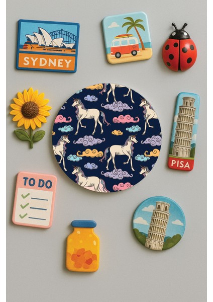 Modern ve Dekoratif Yuvarlak Buzdolabı Magneti Magnet Büyük Boy 10X10 cm - Unicorn