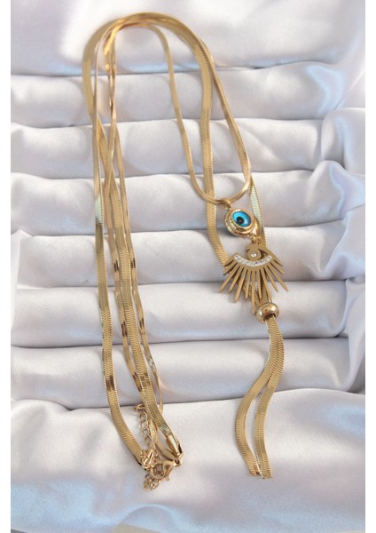 316L Çelik Gold Renk Zirkon Taşlı Göz Detay Nazarlı Uzun Asansör Model Kolye fiyatları