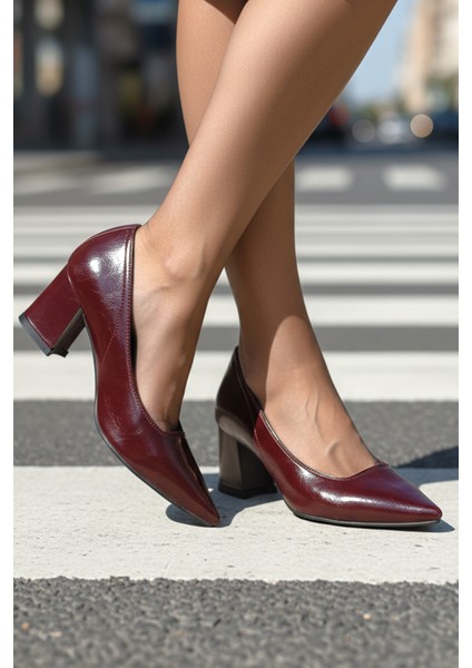 Zaneta Esnek Yumuşak Kaymaz Taban (4 Cm) Kadın Kalın Topuk Bordo Rugan Ayakkabı