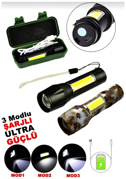 USB Charge 2İN13W+1W USB Şarjlı Ledli Polis El Feneri Metal Kasa Pls.kutu (5324)