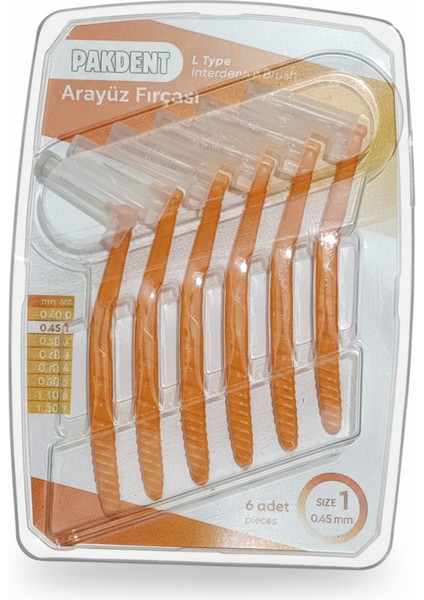 Arayüz Fırçası Diş Arası Arayüz Fırçası L Tipi Diş Ara Fırçası 6 Adet Turuncu 0,45 mm