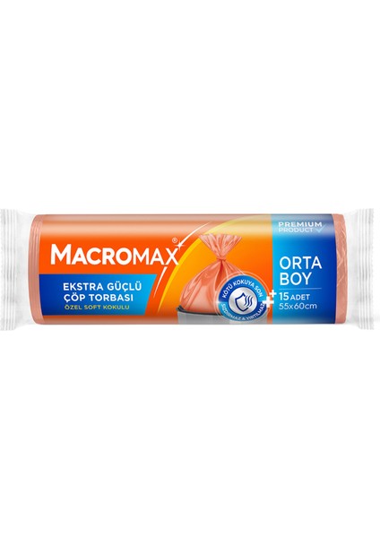Macromax Extra Güçlü Çöp Torbası Orta Boy 15'li 3 Adet