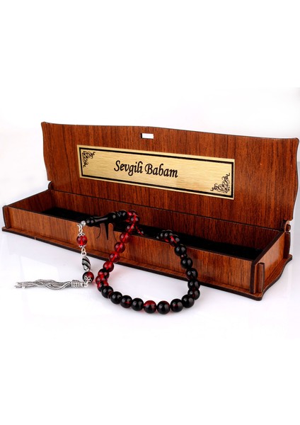 Gümüş Mine Püsküllü Sevgili Babam Yazılı Ahşap Kutulu Ateş Kehribar Tesbih