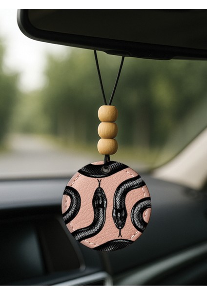 Tasarım Deri Süslemeli Desenli Tematik Dikiz Araç Aynası Süsü Açık Pembe - Yılan