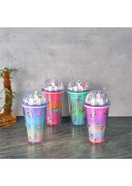 3 Adet Tohana Polikarbon Çift Cidarlı Pipetli Bardak Unicorn 450 cc