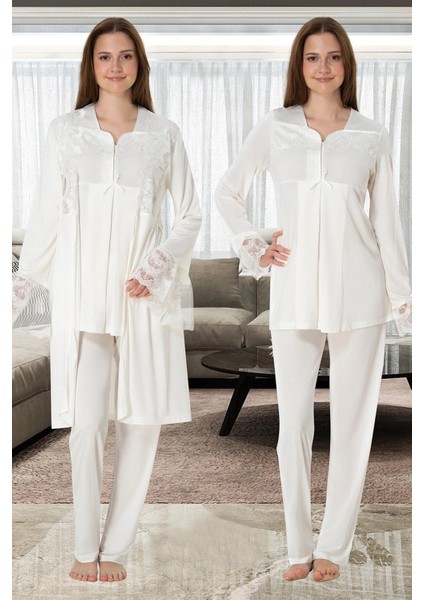 t 4084 Dantelli Sabahlıklı Lohusa Pijama Takımı