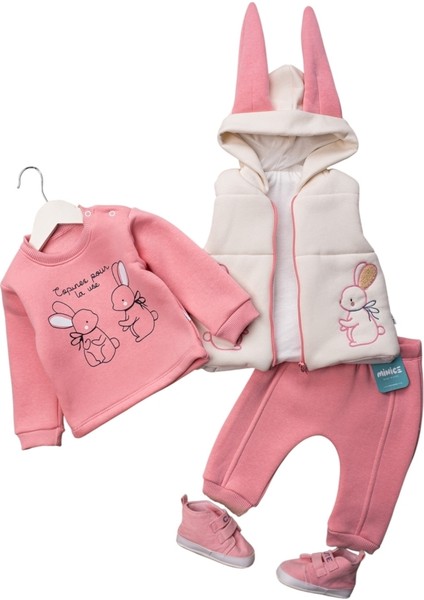 Tavşan Nakışlı Kulaklı Yelekli Üç Ip Takım