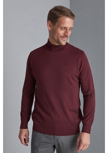 Bordo Standart Fit Dar Kalıp Yarım Balıkçı Düz Uzun Kollu Triko