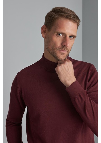 Bordo Standart Fit Dar Kalıp Yarım Balıkçı Düz Uzun Kollu Triko fiyatları