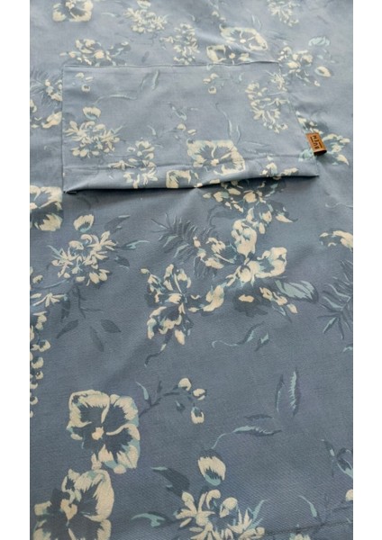 Aqua Flora Likralı Pamuklu Denim Mavi Çiçek Desenli Mutfak Önlüğü