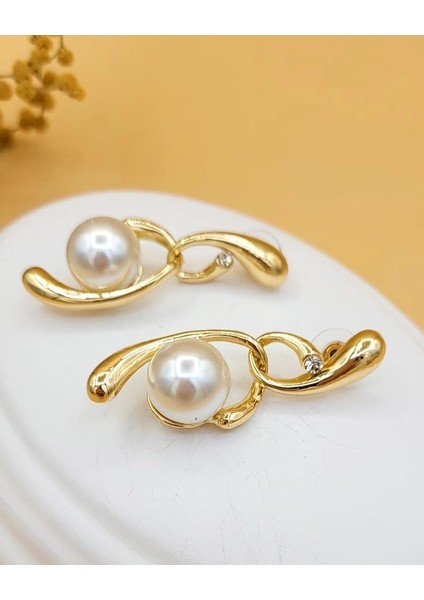 Gold Akış Incili Pirinç Küpe