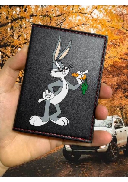 Bugs Bunny Desenli Ruhsat Kabı Logolu Oto Ruhsat Kılıfı Vinleks Deri Dikişli Araç Ruhsat Koruyucu