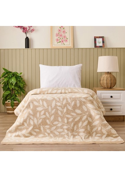 Soft Sprig Pamuklu Tek Kişilik Battaniye - Bej - 150X200 cm
