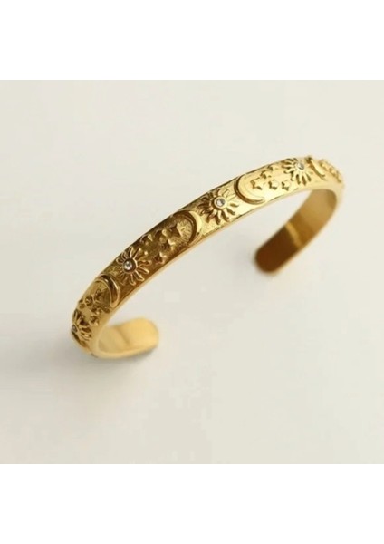 Güneş Ay Yıldız Motifli Zirkon Taşlı Çelik Bileklik Kelepçe Ayarlanabilir fiyatları