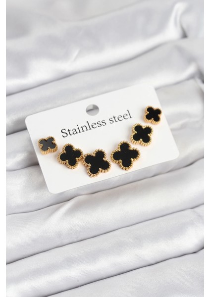 Bfs 316L Çelik Gold Siyah Renk 3 Boy Yonca Küpe Seti