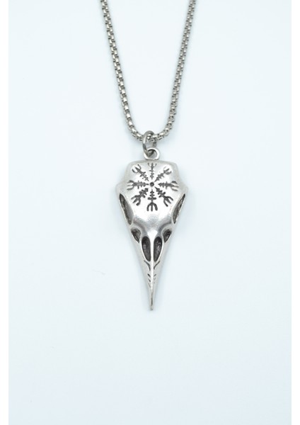 Kuzgun Kafatası - Vegvisir Gümüş Kaplama Örme Zincir Kolye