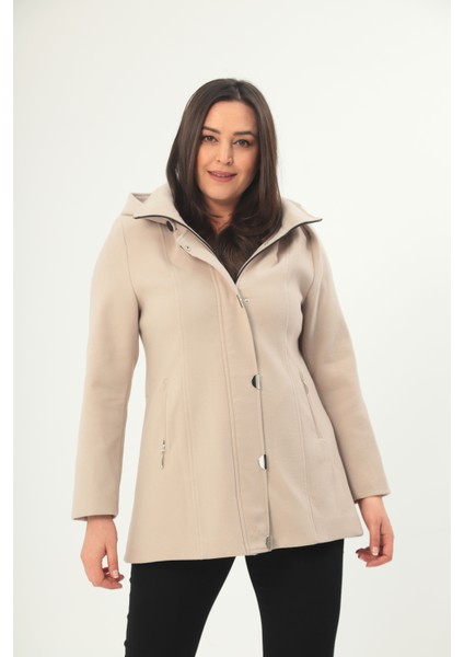 Kapüşonlu Cepli Kaşe Kaban Çıtçıtlı Büyük Beden