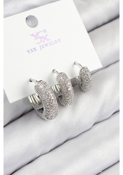 Bfs Pirinç Zirkon Taşlı 3'lü Halka Model Gümüş Renk Kadın Küpe