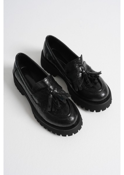 Anim Kadın Günlük Siyah Kroko Baskılı Loafer Ayakkabı modelleri