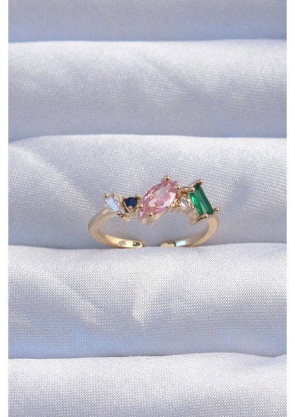 Bfs Pirinç Gold Renk Renkli Zirkon Taşlı Ayarlanabilir Yüzük